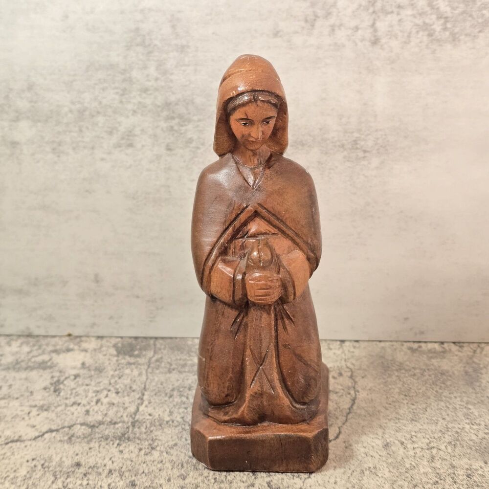 VTG Handcarved Wood Nativity Figure Kneeling Virgin Mary 8" Olive Red Felt
